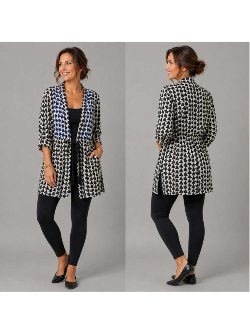 Sibel Saral 100% Silk Geometric Print Kimono Duster Open Front Jacket Large